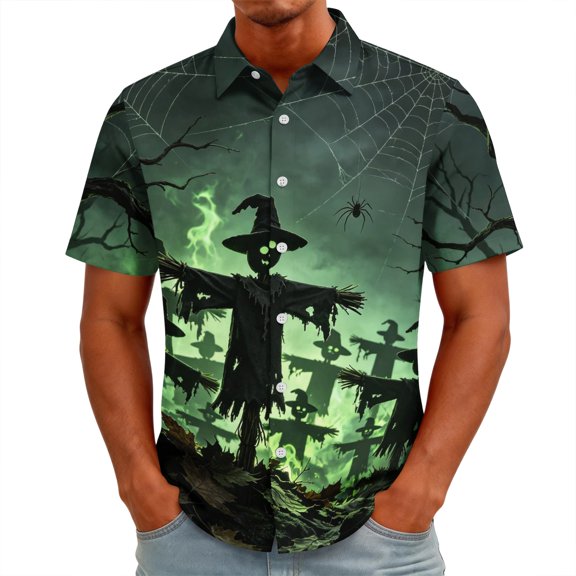 Satingcolo Adult Halloween Costumes Mens Polo Short Sleeve Button Down Shirt Funny Skull Pumpkin Ghost Golf Collar Clothes,Hot Pink L