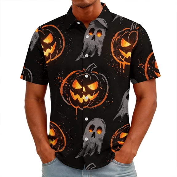 Satingcolo Adult Halloween Costumes Mens Polo Short Sleeve Button Down Shirt Funny Skull Pumpkin Ghost Golf Collar Clothes,Watermelon Red M