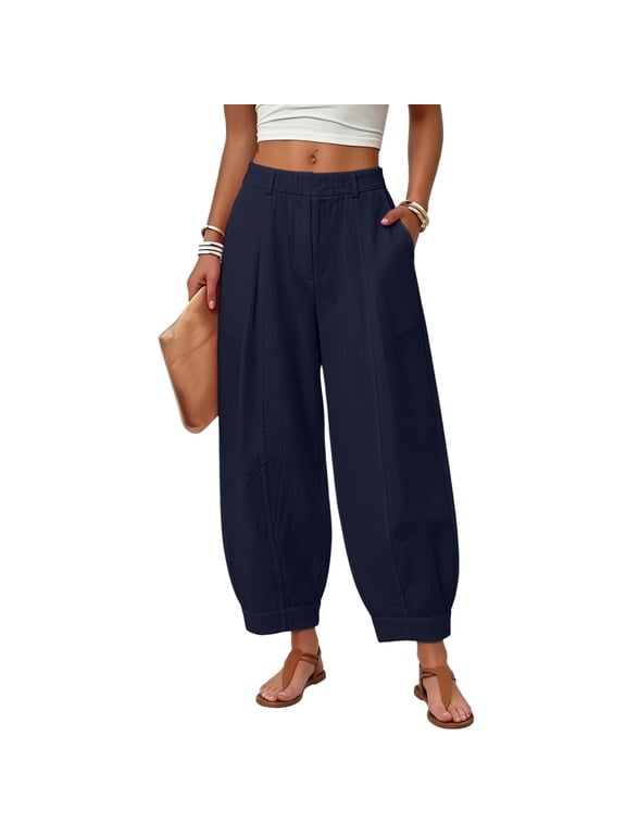 Barrel Pants Women Palazzo High Waisted Balloon Pants Summer Casual Beach Boho Wide Leg Baggy Trousers,Navy S