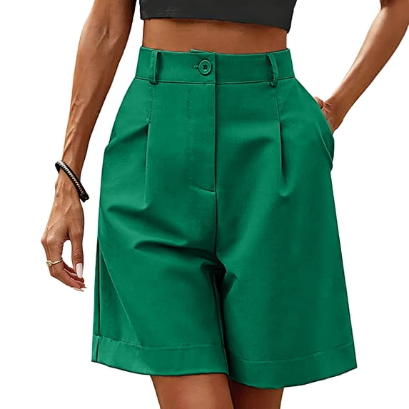 Satingcolo Bermuda Shorts for Women Summer Dressy Casual Elastic High Waisted Wide Leg Knee Length Shorts with Pockets,Green L