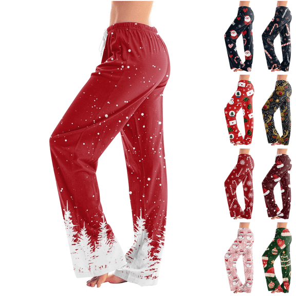 Satingcolo Christmas Pajama Pants for Women Christmas Elastic Waist Straight Pants Comfortable Festive Holiday Sleepwear Pajama