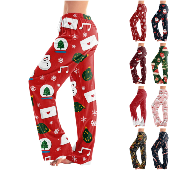 Satingcolo Christmas Pajama Pants for Women Christmas Elastic Waist Straight Pants Comfortable Festive Holiday Sleepwear Pajama