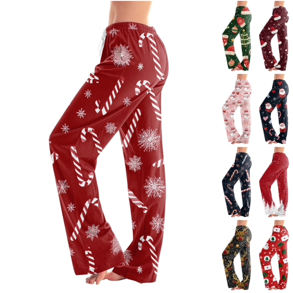 Satingcolo Christmas Pajama Pants for Women Christmas Elastic Waist Straight Pants Comfortable Festive Holiday Sleepwear Pajama
