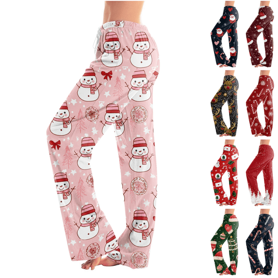 Satingcolo Christmas Pajama Pants for Women Christmas Elastic Waist Straight Pants Comfortable Festive Holiday Sleepwear Pajama