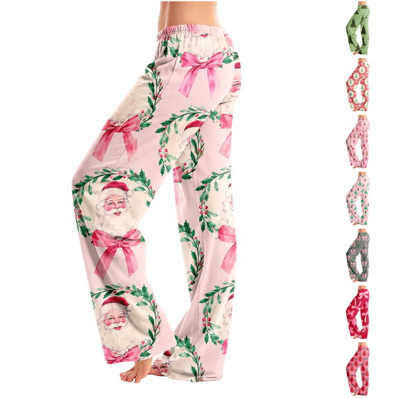Satingcolo Christmas Pajama Pants for Women Elastic Waist Wide Leg Lounge Bottoms Christmas Pajamas Christmas Pants For Women