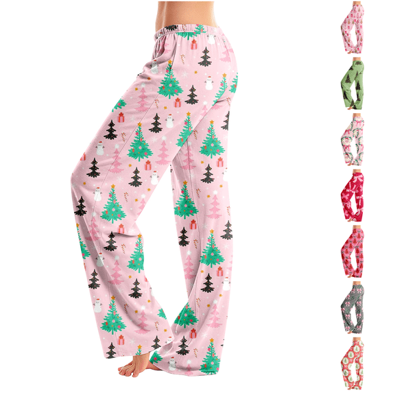 Satingcolo Christmas Pajama Pants for Women Elastic Waist Wide Leg Lounge Bottoms Christmas Pajamas Christmas Pants For Women