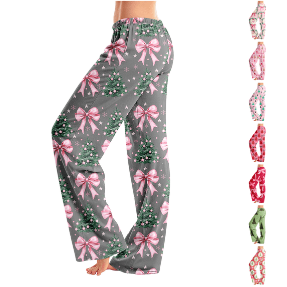 Satingcolo Christmas Pajama Pants for Women Elastic Waist Wide Leg Lounge Bottoms Christmas Pajamas Christmas Pants For Women