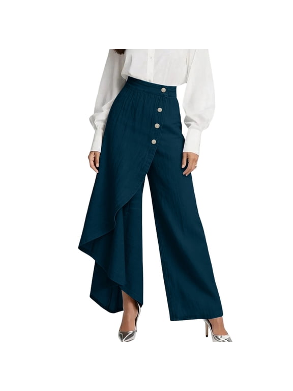 Flowy Pants for Women Dressy Asymmetric Wrap Front Linen Pants High Waisted Wide Leg Button Front Palazzo Trousers