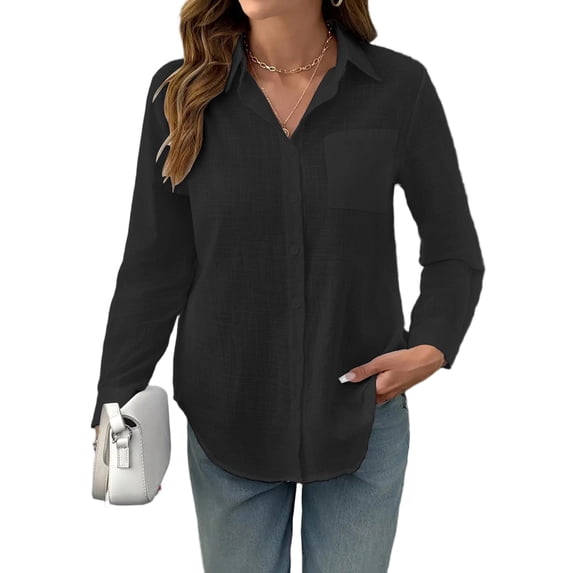 Satingcolo Gauze Shirts for Women Button Down Dress Blouses Summer Cozy Long Sleeve Textured Collared Fall Work Cruise Outfits Black 2XL