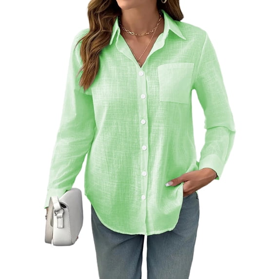 Satingcolo Gauze Shirts for Women Button Down Dress Blouses Summer Cozy Long Sleeve Textured Collared Fall Work Cruise Outfits Green S