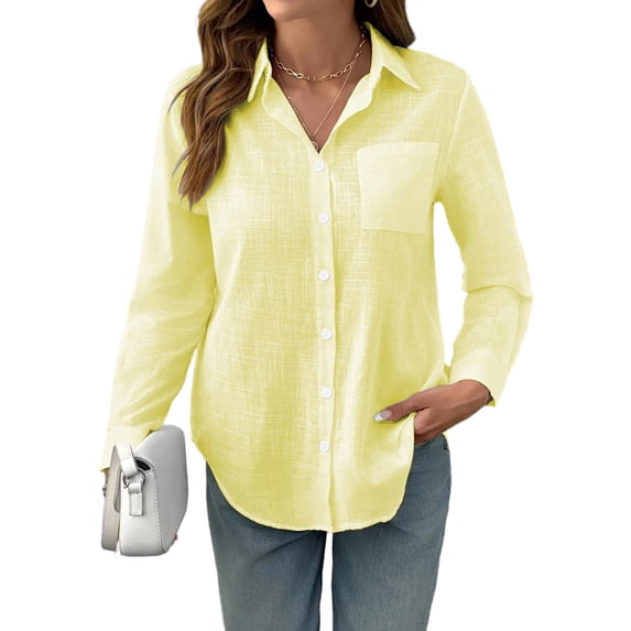 Satingcolo Gauze Shirts for Women Button Down Dress Blouses Summer Cozy Long Sleeve Textured Collared Fall Work Cruise Outfits Yellow 2XL