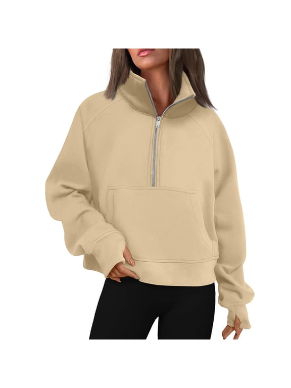 Half Zip Pullover Women Fall 2026 Oversized Stand Collar Cropped Sweatshirt Casual Quarter Zipper Hoodies,Khaki 2XL