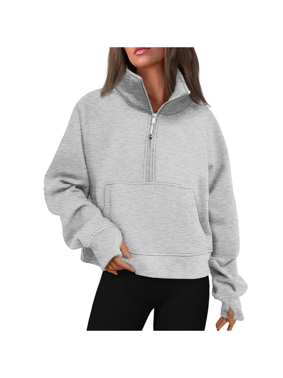 Half Zip Pullover Women Fall 2026 Oversized Stand Collar Cropped Sweatshirt Casual Quarter Zipper Hoodies,Light Gray 2XL