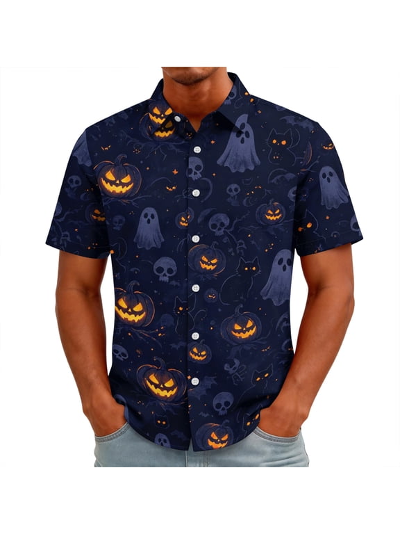Halloween Button Down Shirt for Men Ghost Pumpkin Short Sleeve Printed Casual Tropical Hawaiian Spooky Party Shirt,Purple 2XL