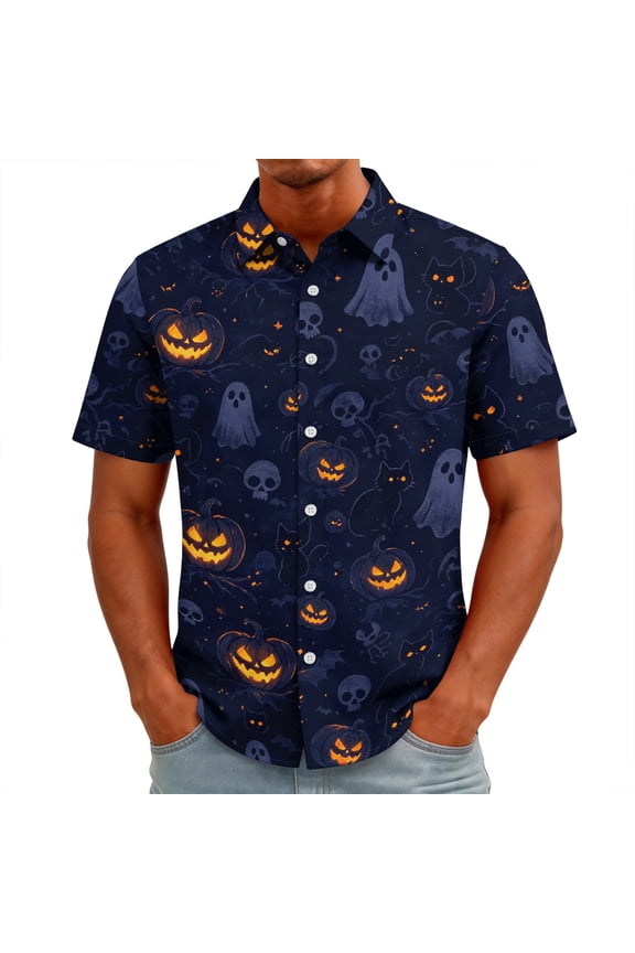 Halloween Button Down Shirt for Men Ghost Pumpkin Short Sleeve Printed Casual Tropical Hawaiian Spooky Party Shirt,Purple 2XL