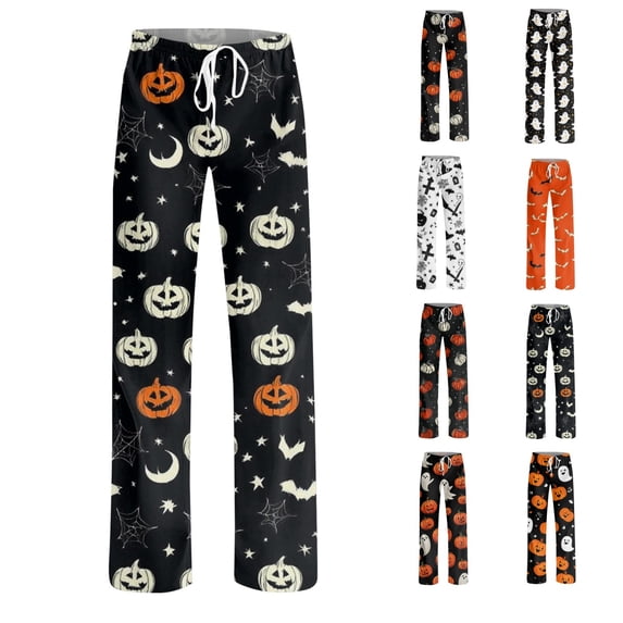 Satingcolo Halloween Pajama Pants Women Cute Funny Print Pajamas Casual Elastic Waist Palazzo Pants Fall Pajamas
