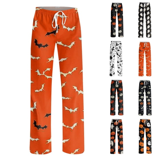 Satingcolo Halloween Pajama Pants Women Cute Funny Print Pajamas Casual Elastic Waist Palazzo Pants Fall Pajamas