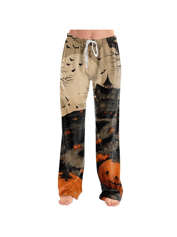Halloween Pajamas Women Pumpkin Ghost Skeleton Stretchy Soft Lightweight Orange Pj Pants Halloween Sleepwear S-3XL