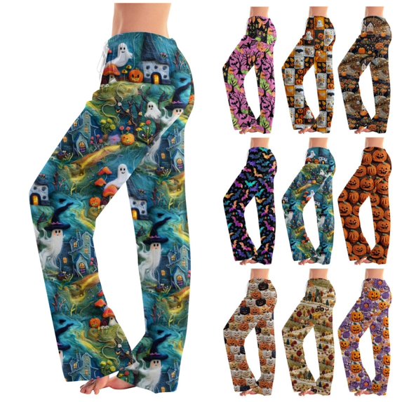 Satingcolo Halloween Pajamas Women Stretch Lounge Pants Comfy Pjs Sleep Bottoms Soft Pajama Pants Cute Trousers Loose Palazzo