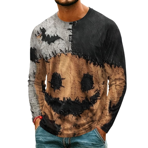Satingcolo Halloween Patchwork Sweatshirts for Men Spooky Season Colorblock Crew Neck Pumpkin Face Graphic Print Sweatshirt Red S