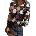 thumbnail image 1 of Satingcolo Halloween Shirts for Women Long Sleeve Crew Neck Slim Fitted Basic Top Funny Ghost Bat Pumpkin Graphic Ribbed Shirts Black S, 1 of 6