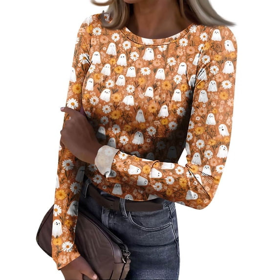 Satingcolo Halloween Shirts for Women Long Sleeve Crew Neck Slim Fitted Basic Top Funny Ghost Bat Pumpkin Graphic Ribbed Shirts Camel M