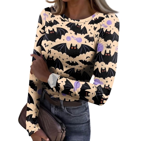 Satingcolo Halloween Shirts for Women Long Sleeve Crew Neck Slim Fitted Basic Top Funny Ghost Bat Pumpkin Graphic Ribbed Shirts Khaki XL