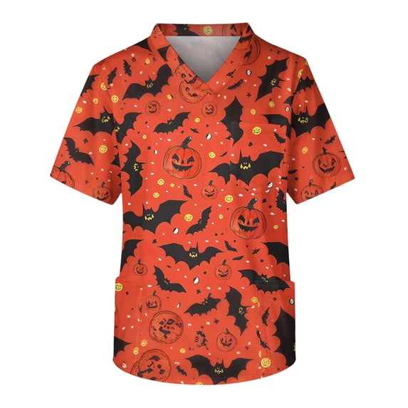 Satingcolo Halloween Stretch Scrubs Tops for Men Short Sleeve V Neck Scrub Top Plus Size Nurse Uniform Soft Cozy Medical Shirts Vermilion 3XL