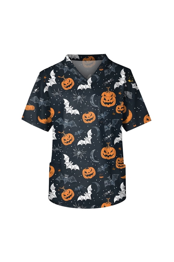 Halloween Tops for Men Plus Size V Neck Short Sleeve Nurse Pumpkin Bat Print Medical Uniform with Pockets Navy S