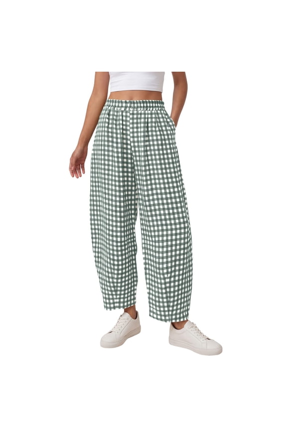 High Waist Barrel Pants for Women 2026 Spring Summer Loose Wide Leg Plaid Gingham Casual Lounge Trousers,Green M