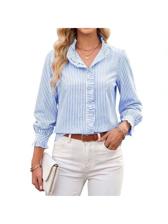 Jelly Blouses for Women Dressy Casual Striped Long Sleeve Shirts Ruffle V Neck Tops Summer Business Outfits Blue XL