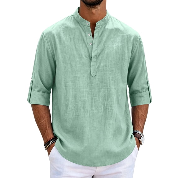 Satingcolo Linen Henley Shirts for Men V Neck Long Sleeve Band Collar Button Shirts Casual Breathable Vacation Hippie Top,Green 2XL