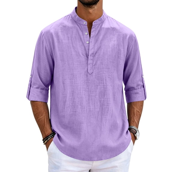 Satingcolo Linen Henley Shirts for Men V Neck Long Sleeve Band Collar Button Shirts Casual Breathable Vacation Hippie Top,Purple 5XL