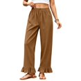 thumbnail image 1 of Satingcolo Linen Pants Women Wide Leg Ruffle Hem Pull On High Waisted Elastic Waist Cropped Ankle Casual Beach Summer Pants Brown L, 1 of 8