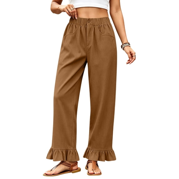 Satingcolo Linen Pants Women Wide Leg Ruffle Hem Pull On High Waisted Elastic Waist Cropped Ankle Casual Beach Summer Pants Brown L