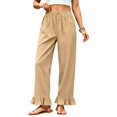 thumbnail image 1 of Satingcolo Linen Pants Women Wide Leg Ruffle Hem Pull On High Waisted Elastic Waist Cropped Ankle Casual Beach Summer Pants Khaki S, 1 of 8