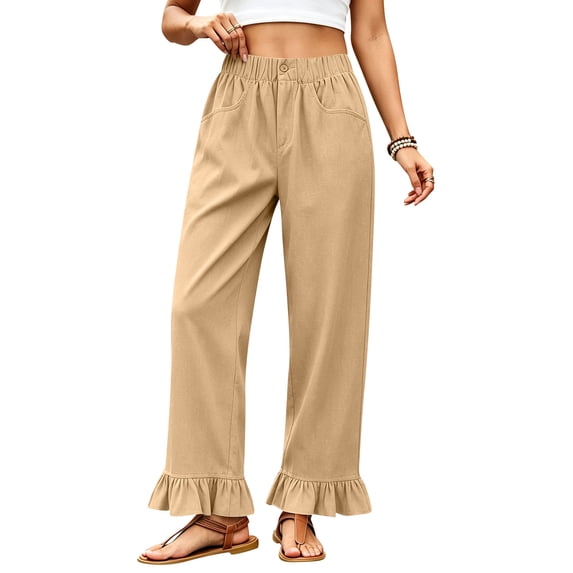 Satingcolo Linen Pants Women Wide Leg Ruffle Hem Pull On High Waisted Elastic Waist Cropped Ankle Casual Beach Summer Pants Khaki S