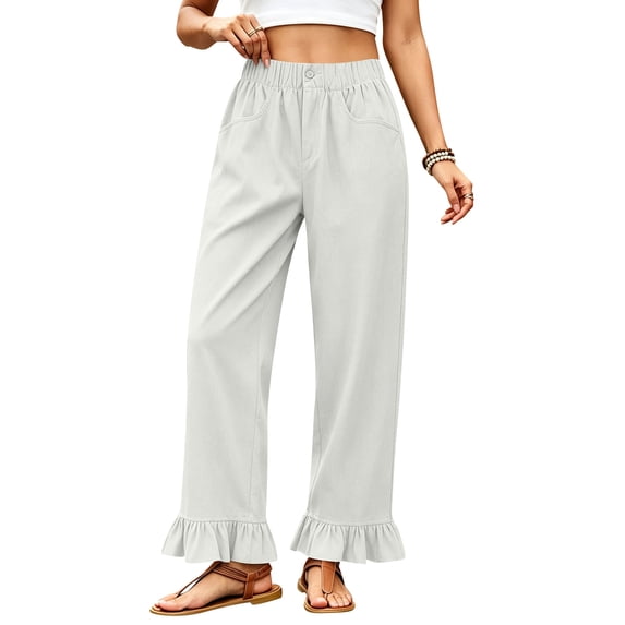 Satingcolo Linen Pants Women Wide Leg Ruffle Hem Pull On High Waisted Elastic Waist Cropped Ankle Casual Beach Summer Pants White S