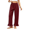 thumbnail image 1 of Satingcolo Linen Pants Women Wide Leg Ruffle Hem Pull On High Waisted Elastic Waist Cropped Ankle Casual Beach Summer Pants Wine S, 1 of 8