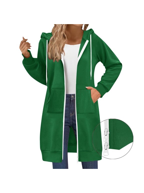 Long Hoodies for Women Zip Up Double Zipper Jacket Full Zip Hoodies Sweatshirts Tunic Sweatshirts Fall Winter Fashion Clothes,Green M