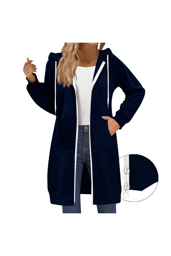Long Hoodies for Women Zip Up Double Zipper Jacket Full Zip Hoodies Sweatshirts Tunic Sweatshirts Fall Winter Fashion Clothes,Navy M