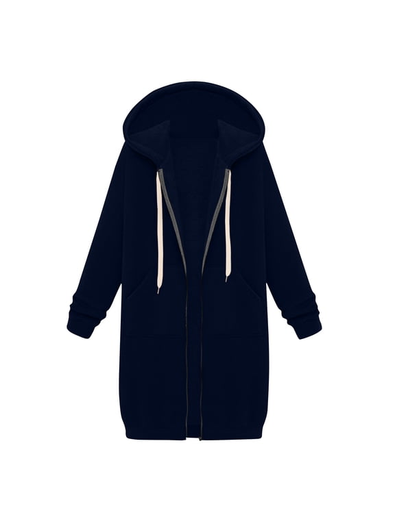Long Zip Up Hoodie Women Oversized Zipper Sweatshirts Casual Travel Hoodies with Pockets for Fall Winter,Navy XL