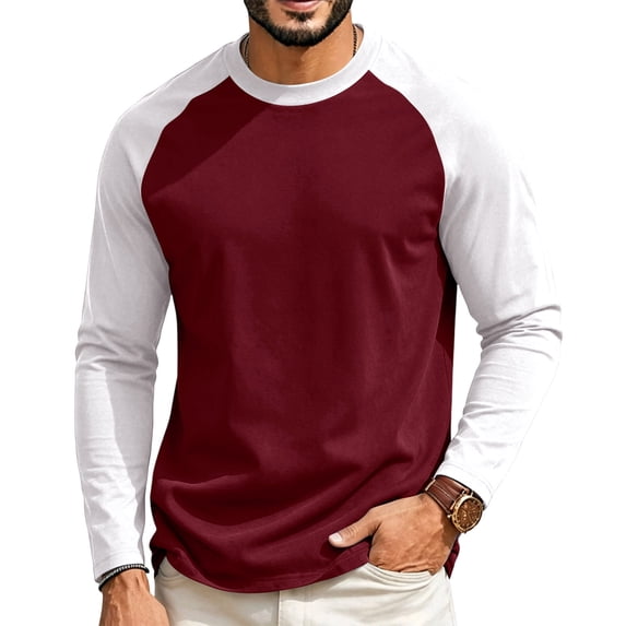 Satingcolo Men's Baseball T Shirts Raglan Long Sleeve Crew Neck Casual Spring Top Workout Athletic Regular Fitted Tee Shirts,Wine 4XL