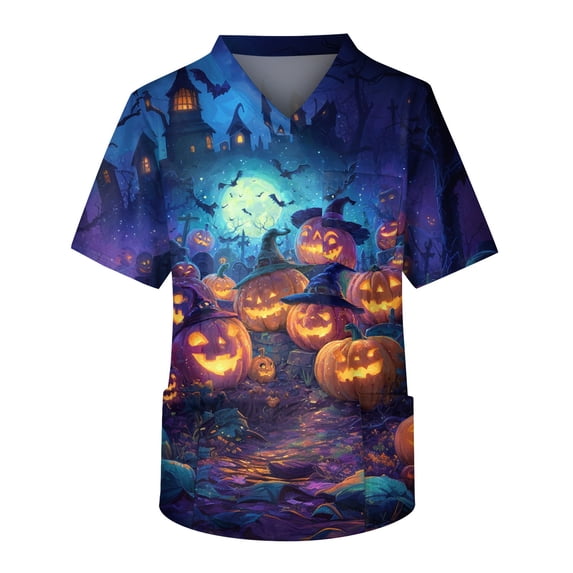 Satingcolo Men's Fit Halloween Scrub Tops Plus Size V-Neck Short Sleeve Halloween Themed Print Funny Medical Workwear with Pocket Purple XL