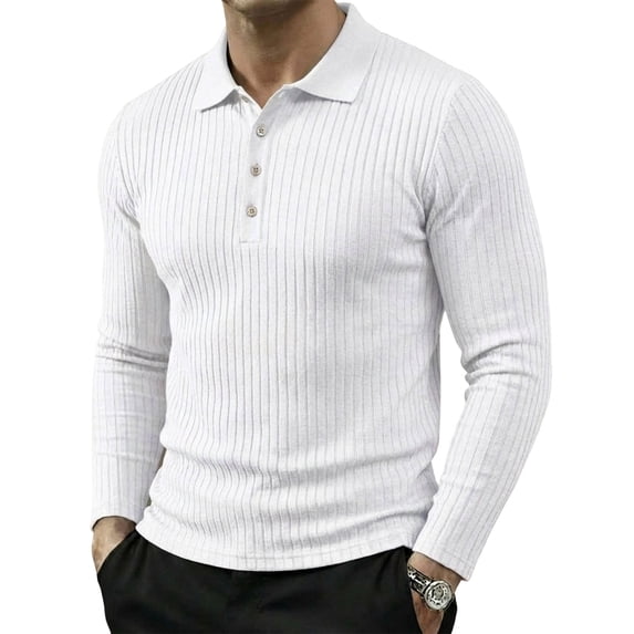 Satingcolo Men's Long Sleeve Polo Shirt Ribbed Knit Casua Button Down Collar Solid Color Workout Smart Casual Tops,White S