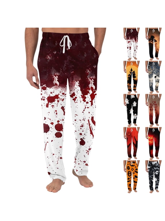 Men's Pajama Pants Halloween Skulls Black Sleep Bottoms Lounge Sleepwear Pockets Drawstring