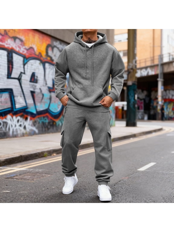 Men's Sweatsuits Thermal Two Piece Tracksuit Set Sweatshirt Solid Color Hoodie With Cargo Joggers,Gray L