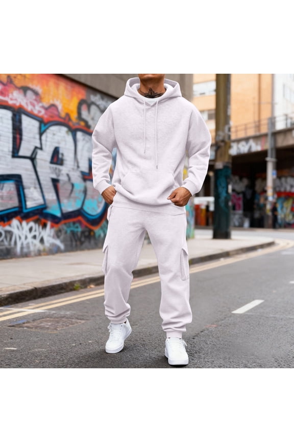 Men's Sweatsuits Thermal Two Piece Tracksuit Set Sweatshirt Solid Color Hoodie With Cargo Joggers,White XL