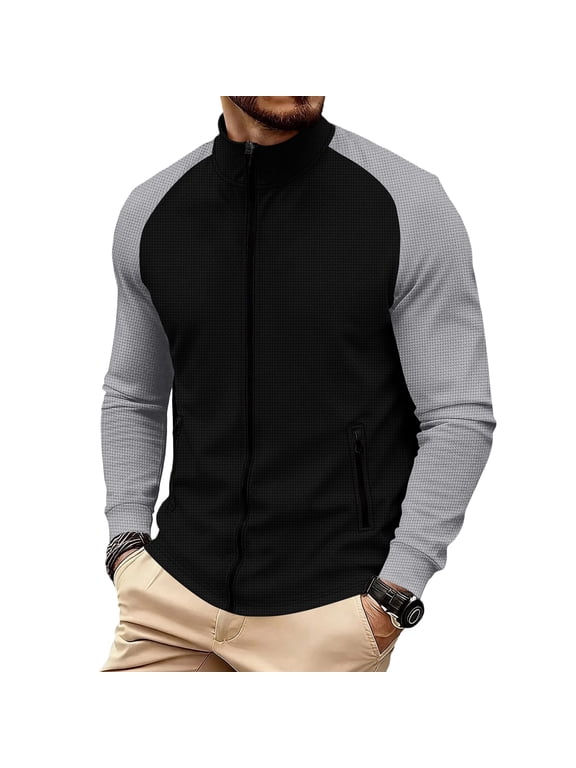 Men's Waffle Jacket Color Block Zipper Cardigan Jacket Turtleneck Raglan Sleeve Sweatshirt Lightweight Soft Sports Coat,Black M