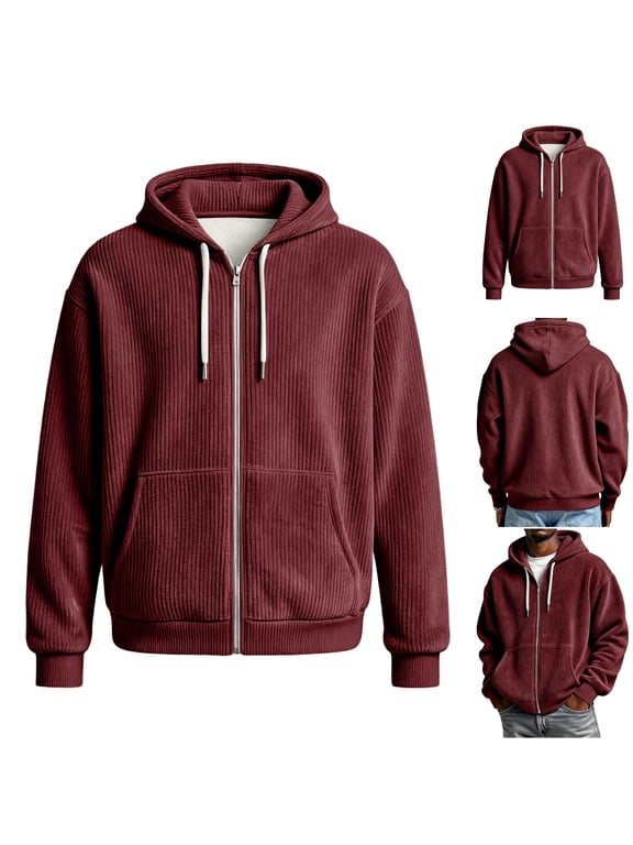 Men's Zip Up Hoodie Corduroy Ribbed Knit Oversized Sweatshirt Vintage Cardigan Jacket with Kangaroo Pockets